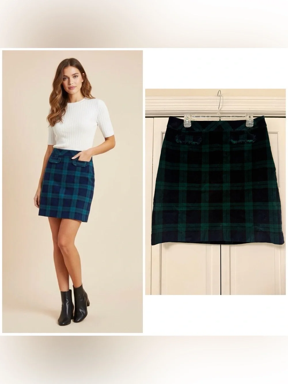 NWT Talbots Tartan Green and Navy Plaid Velvet Mini Skirt Cotton Stretch Size 10